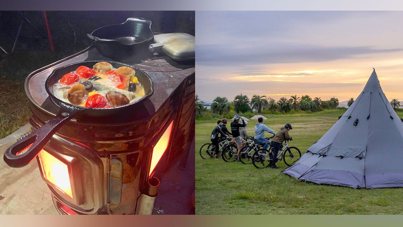 キャンプ飯とテントのイメージ